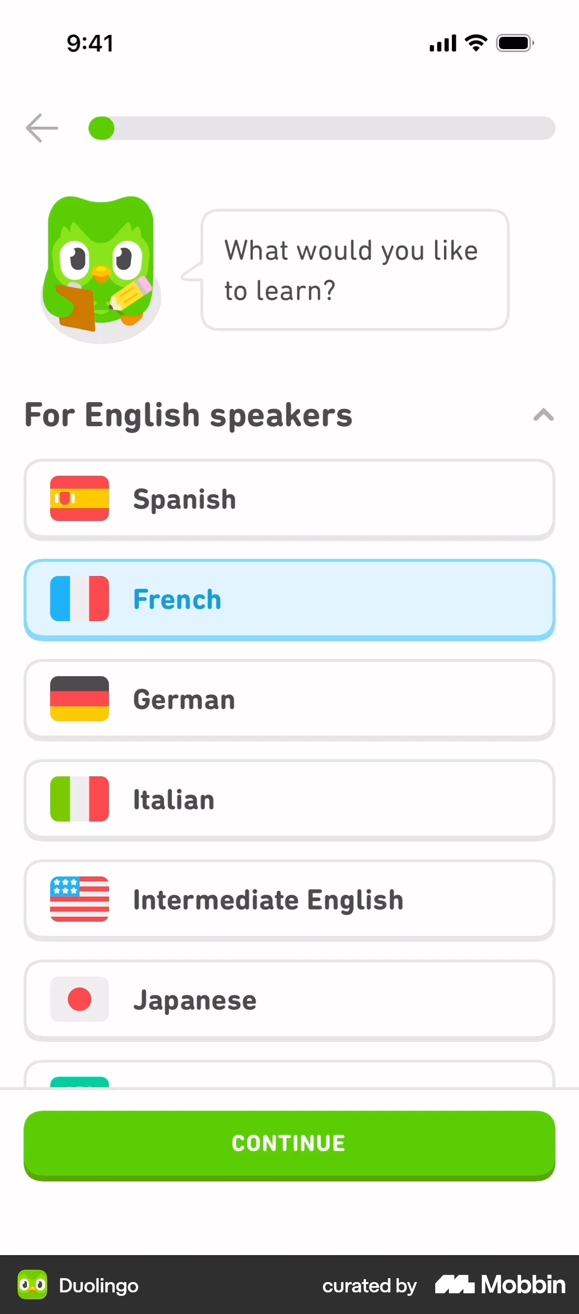 Duolingo onboarding with a language list, French selected and a green Continue button