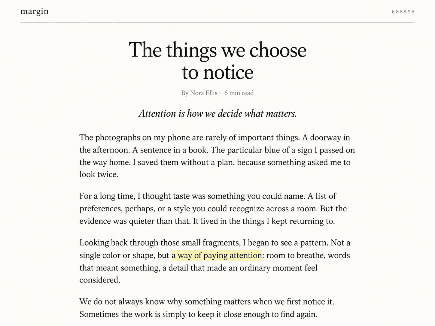 Margin essay page, The things we choose to notice, with a byline, four paragraphs and a highlighted passage