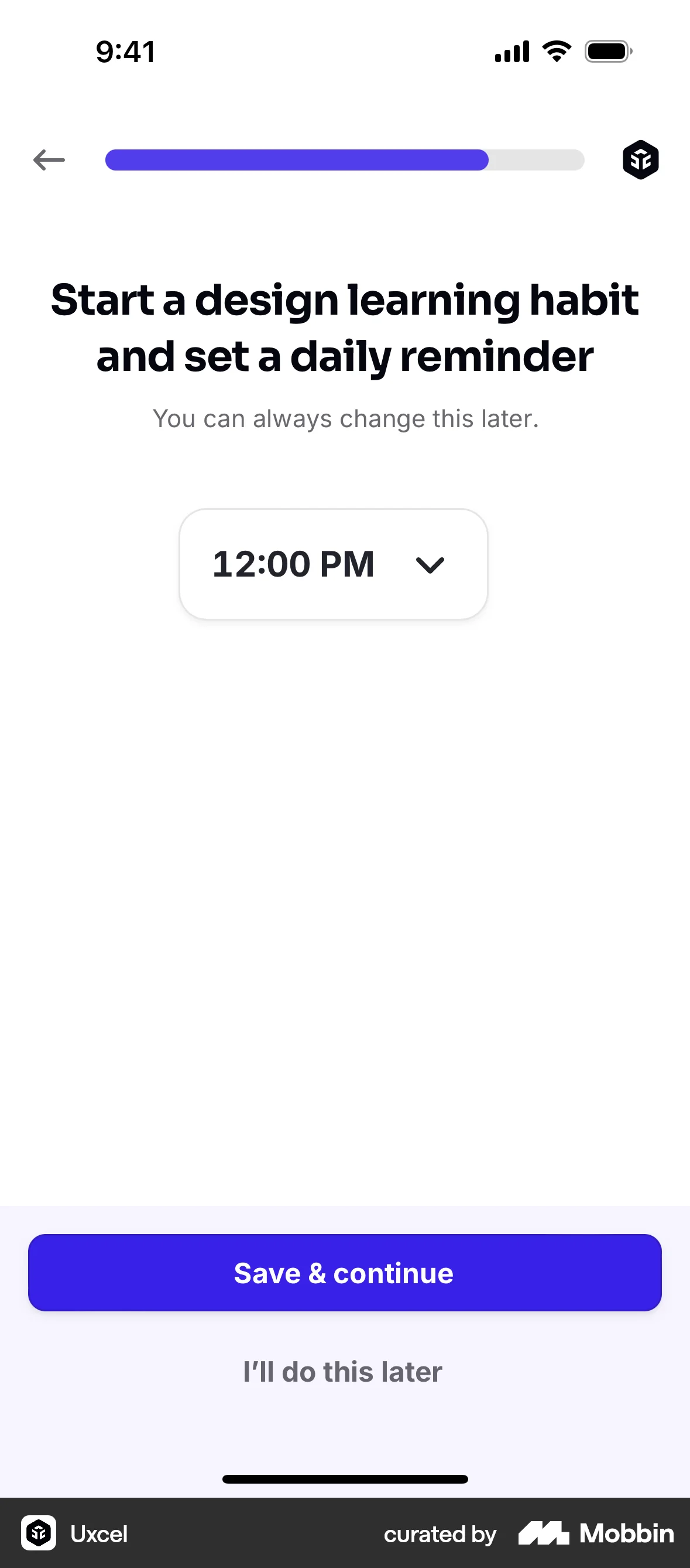 Uxcel onboarding with a daily reminder time selector and Save and continue button